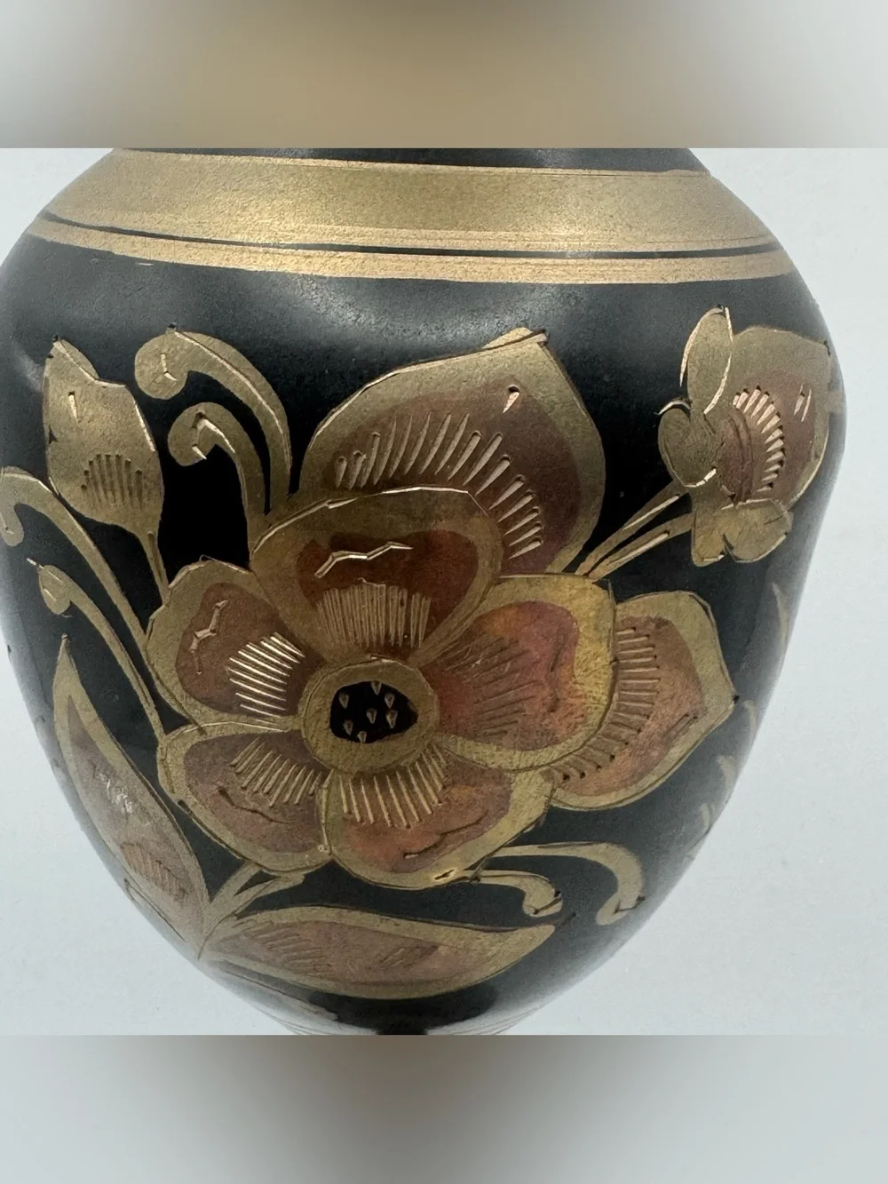 Vintage Indian Brass Vase Black Enamel Engraved Birds Floral Pedestal